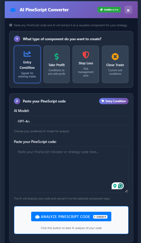 PineScript indicator conversion interface showing code transformation to strategy